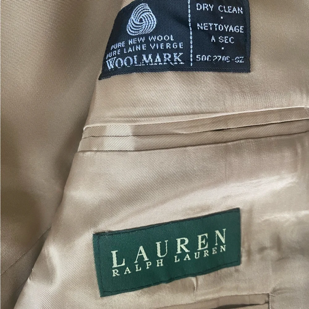 Lauren Ralph Lauren 100% Wool Executive Suit Beige Windowpane‎ Coat Size 40 R